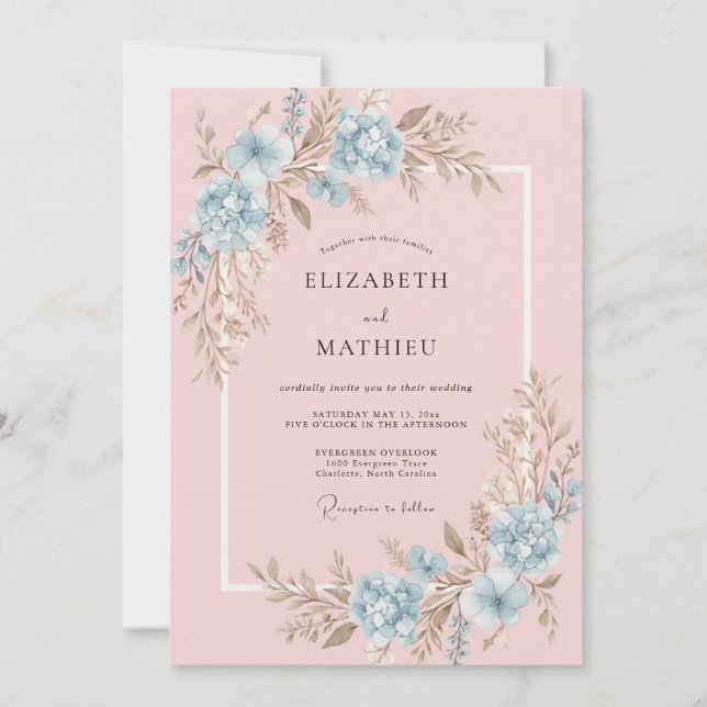 Invitación Boda de ranunculus de eucalipto azul pastel rosa (Anverso)