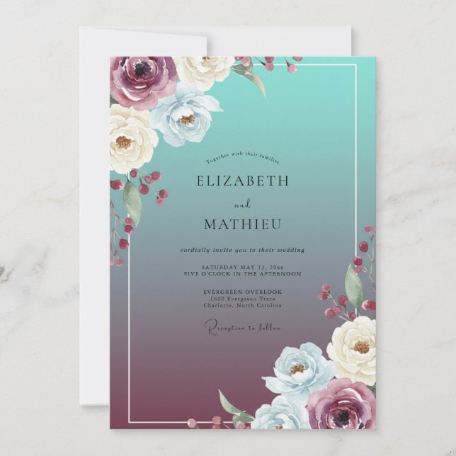 Invitación Boda de Ranunculus de Eucalipto Ciruela Verde (Anverso)
