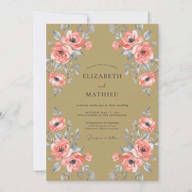Invitación Boda de Ranunculus de Eucalipto Coral Dorado (Anverso)