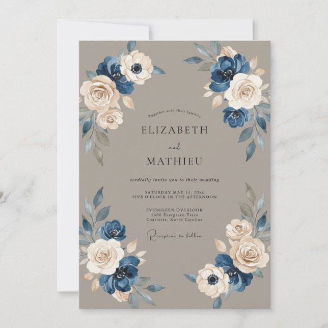 Invitación Boda de Ranunculus de Eucalipto de Acero Beige (Anverso)