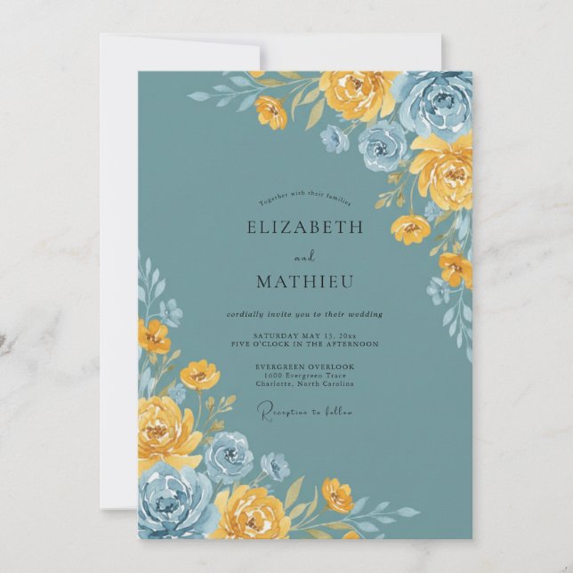Invitación Boda de Ranunculus de Eucalipto de Oro de Acero (Anverso)