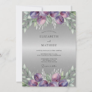 Invitación Boda de Ranunculus de Eucalipto de Plata Ciruela