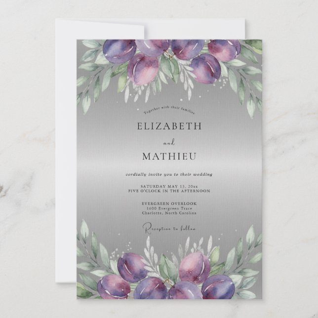 Invitación Boda de Ranunculus de Eucalipto de Plata Ciruela (Anverso)