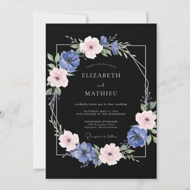 Invitación Boda de Ranunculus de Eucalipto de Violeta Negra (Anverso)
