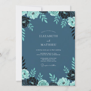 Invitación Boda de Ranunculus de Eucalipto en Teal Pizarra