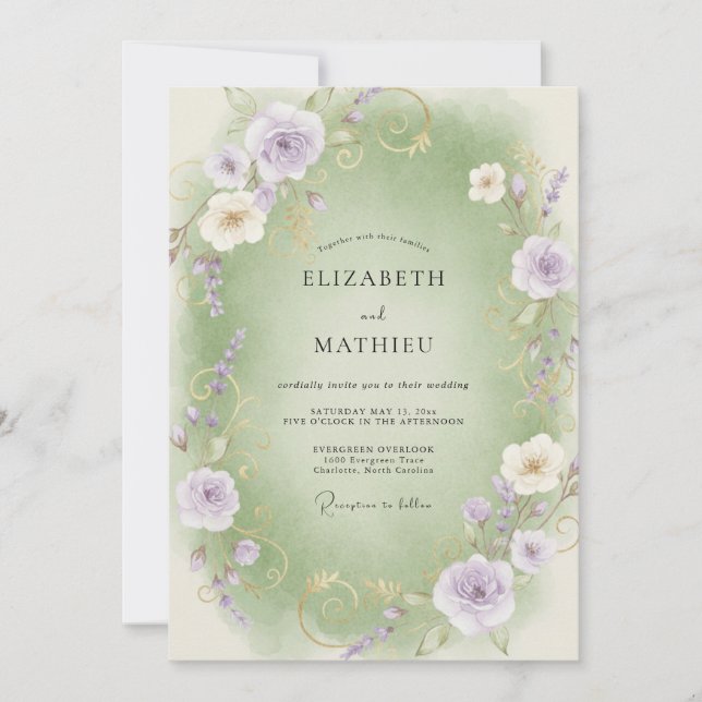 Invitación Boda de Ranunculus de Eucalipto Lila Celadón (Anverso)