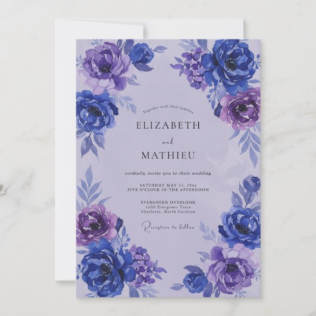 Invitación Boda de Ranunculus de Eucalipto Lila Índigo (Anverso)