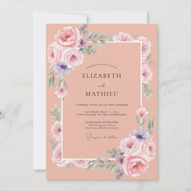 Invitación Boda de Ranunculus de Eucalipto Lila Melocotón (Anverso)
