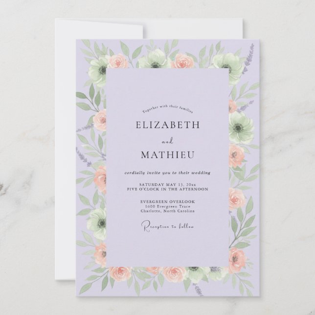 Invitación Boda de Ranunculus de Eucalipto Lila Melocotón (Anverso)