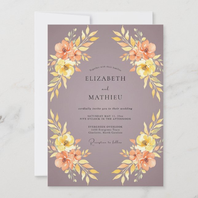 Invitación Boda de Ranunculus de Eucalipto Melocotón Malva (Anverso)