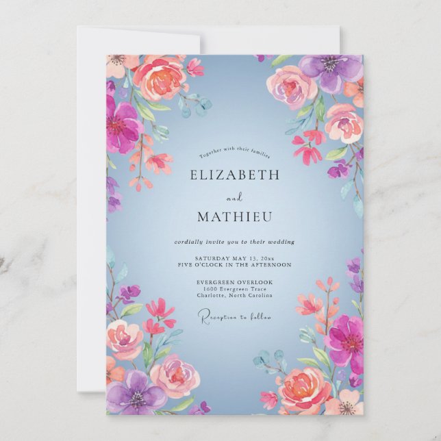 Invitación Boda de Ranunculus de Eucalipto Melocotón Periwink (Anverso)