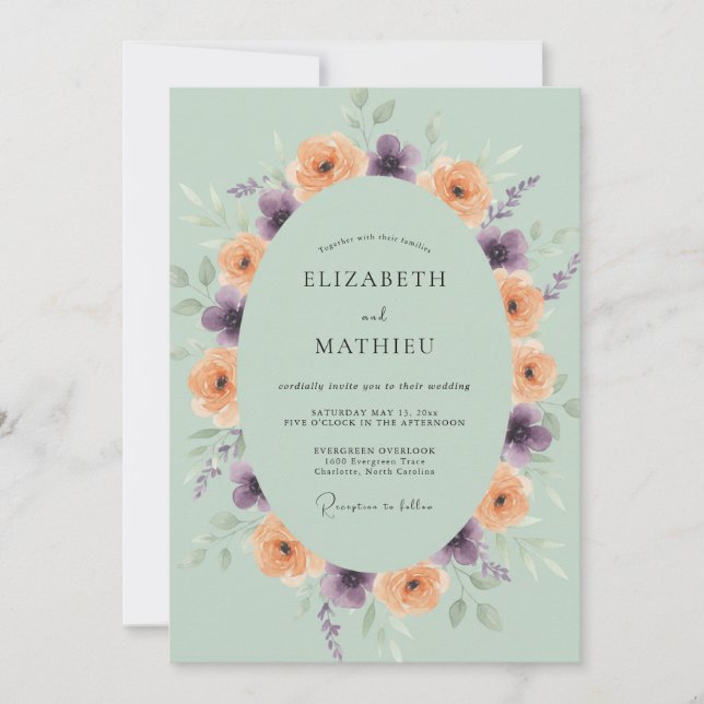 Invitación Boda de Ranunculus de Eucalipto Morado Melocotón (Anverso)