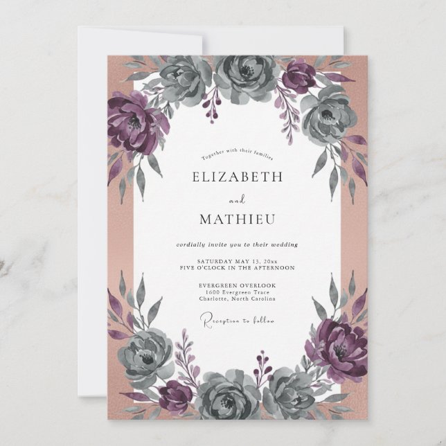 Invitación Boda de Ranunculus de Eucalipto Pizarra Ciruela (Anverso)
