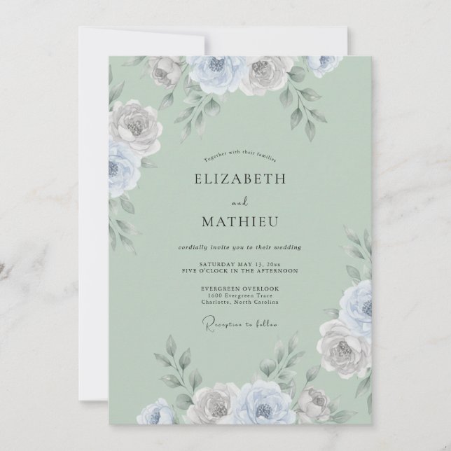 Invitación Boda de Ranunculus de Eucalipto Plateado Celadón (Anverso)