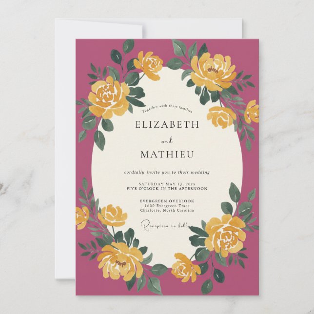 Invitación Boda de Ranunculus de Eucalipto Plum Gold (Anverso)