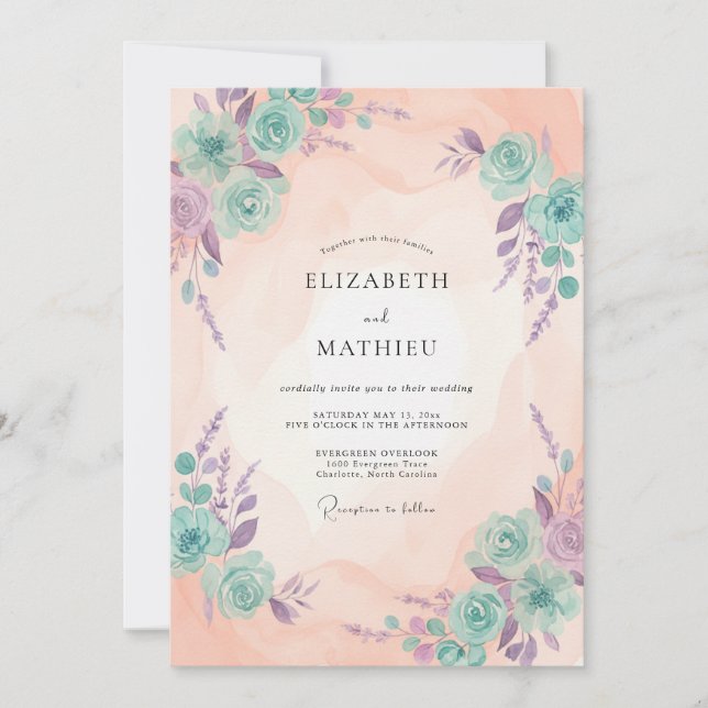 Invitación Boda de Ranunculus de Eucalipto Turquesa Melocotón (Anverso)