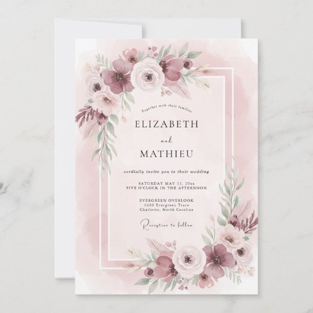 Invitación Boda de Ranunculus de Eucalipto y Ciruela Rubor (Anverso)