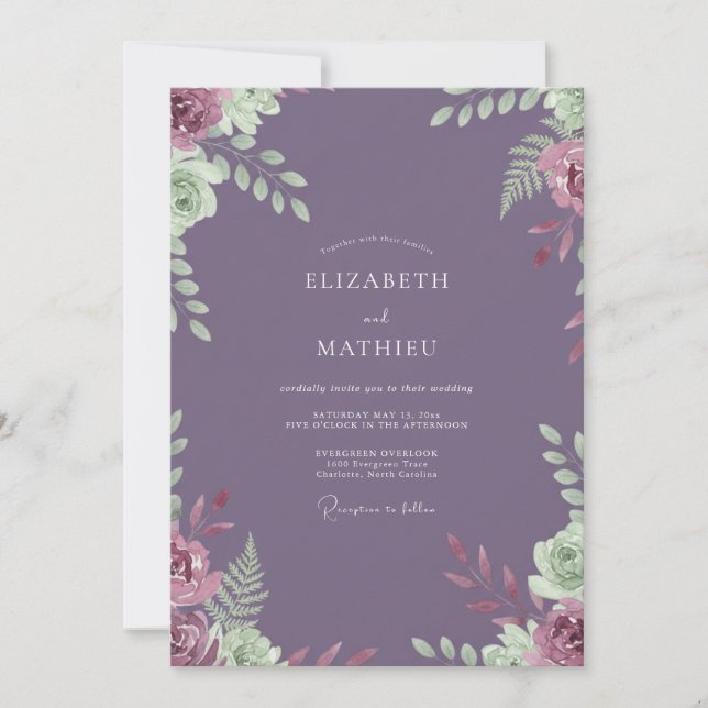 Invitación Boda de Ranunculus de Hoja de Amatista (Anverso)