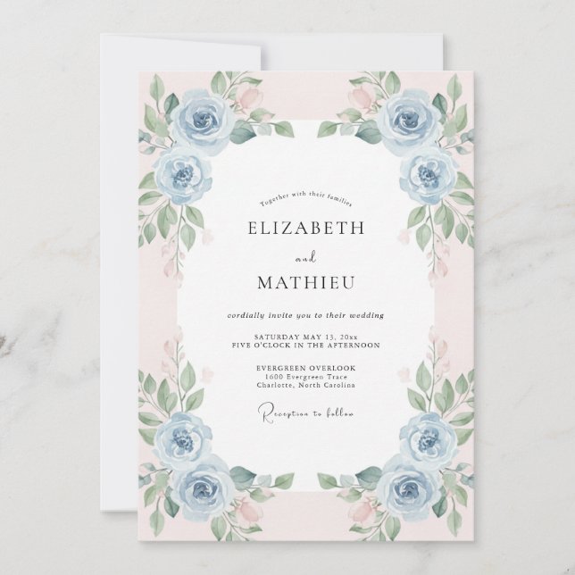 Invitación Boda de Ranunculus de Melocotón Celeste y Eucalipt (Anverso)