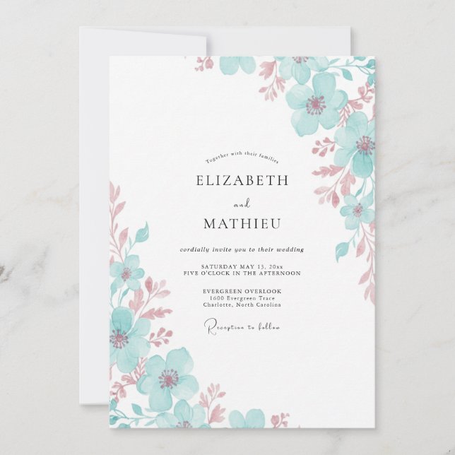 Invitación Boda de Ranunculus de Melocotón Espuma de Mar Mute (Anverso)