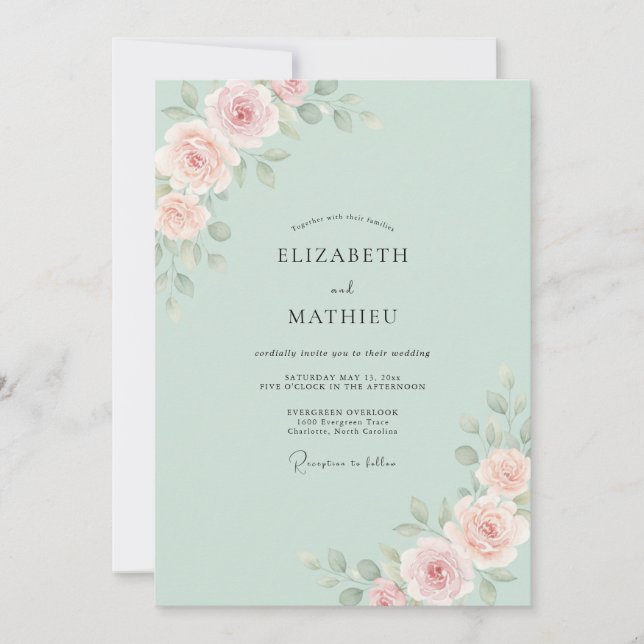 Invitación Boda de Ranunculus de Melocotón y Menta con Eucali (Anverso)