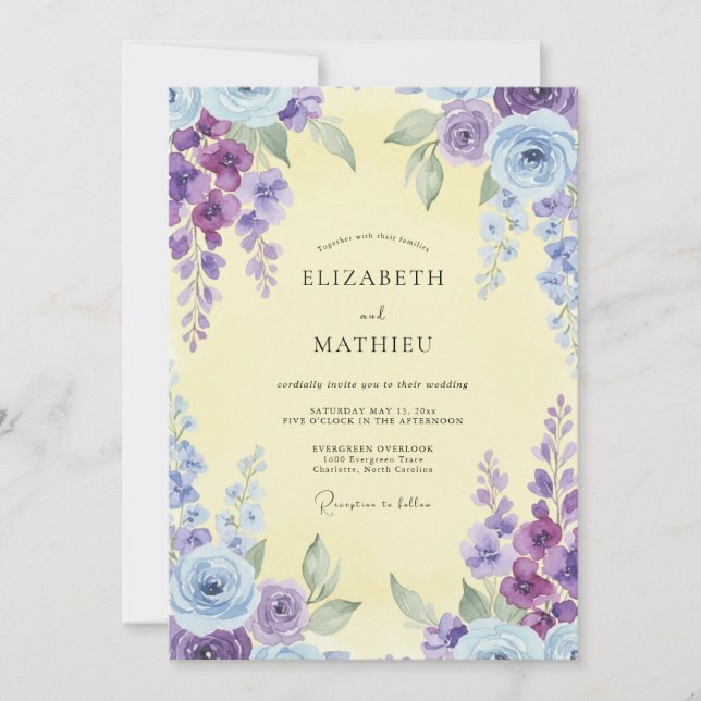 Invitación Boda de Ranunculus de Violeta de Limón y Eucalipto (Anverso)
