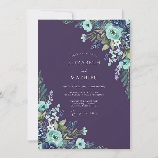 Invitación Boda de Ranunculus Eucalipto Aqua Ciruela (Anverso)