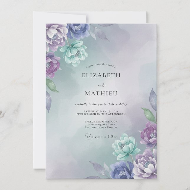 Invitación Boda de Ranunculus Eucalipto Aqua Periwinkle (Anverso)