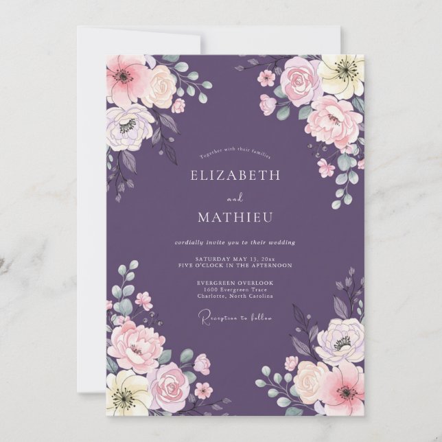 Invitación Boda de Ranunculus Eucalipto Berenjena (Anverso)