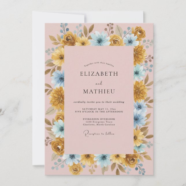 Invitación Boda de Ranunculus Eucalipto Cian Dorado (Anverso)