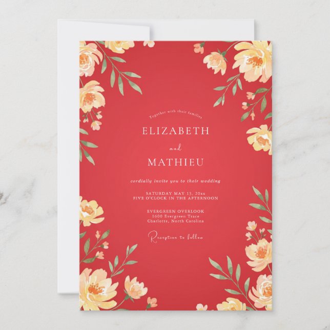 Invitación Boda de Ranunculus Eucalipto Crema Rojo (Anverso)