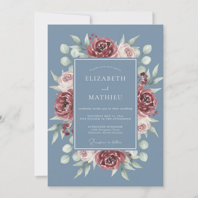 Invitación Boda de Ranunculus Eucalipto Granate Pizarra (Anverso)