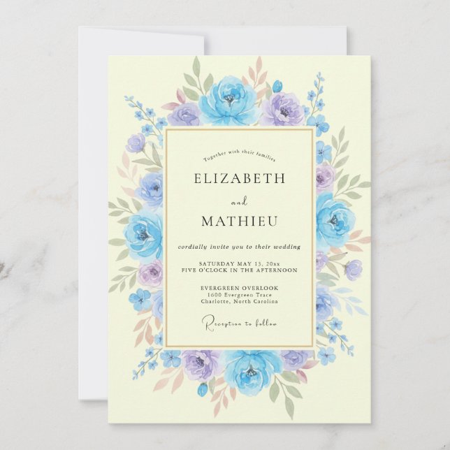 Invitación Boda de Ranunculus Eucalipto Lila Periwinkle (Anverso)