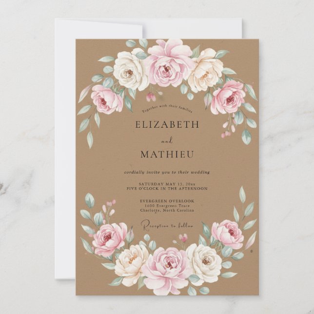 Invitación Boda de Ranunculus Eucalipto Marrón Claro (Anverso)