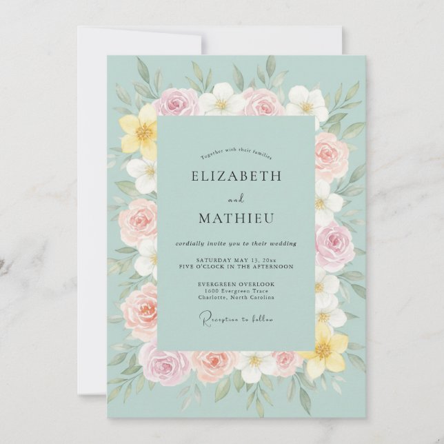 Invitación Boda de Ranunculus Eucalipto Melocotón Espuma de M (Anverso)