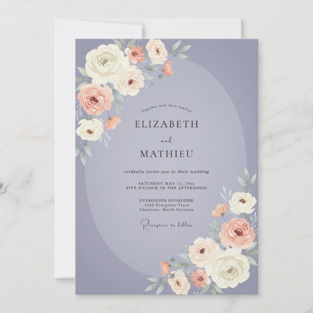 Invitación Boda de Ranunculus Eucalipto Melocotón Periwinkle (Anverso)