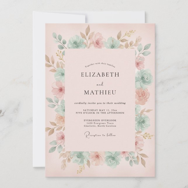 Invitación Boda de Ranunculus Eucalipto Menta Melocotón (Anverso)