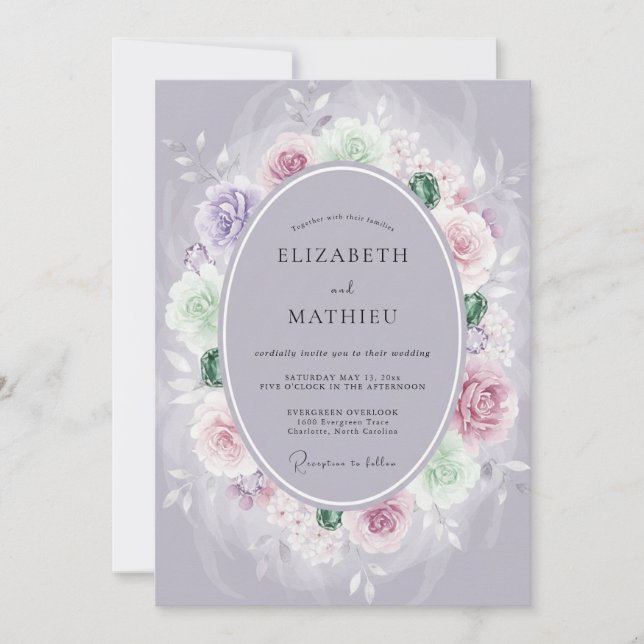 Invitación Boda de Ranunculus Eucalipto Periwinkle Pizarra (Anverso)