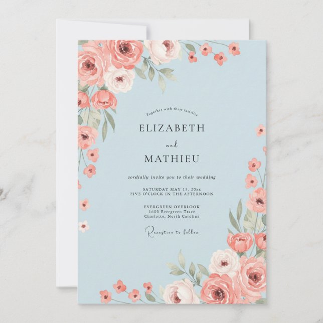 Invitación Boda de Ranunculus Eucalipto Rosa Polvo (Anverso)