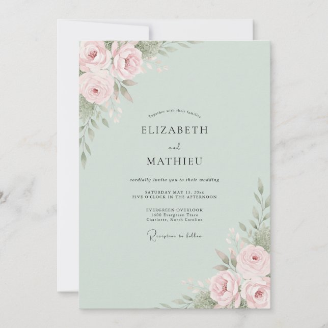 Invitación Boda de Ranunculus Eucalipto Sage Rosado (Anverso)