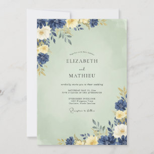 Invitación Boda de Ranunculus Eucalipto Verde Menta Índigo