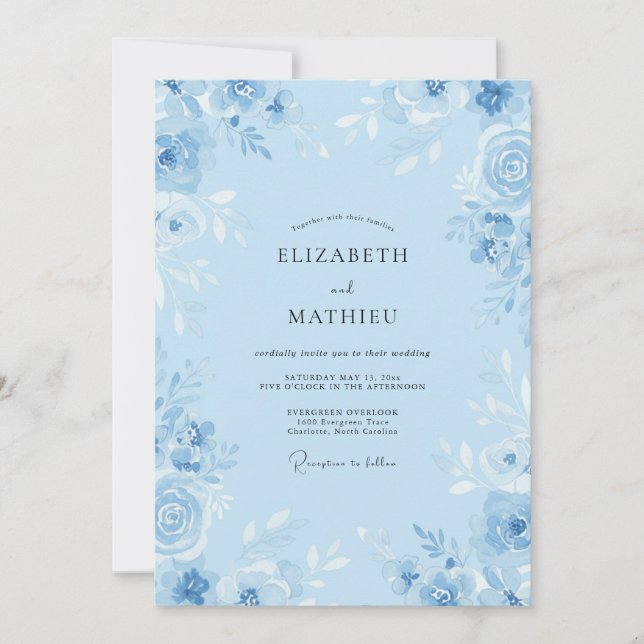 Invitación Boda de Ranunculus Eucalipto y Centaurea Celeste (Anverso)