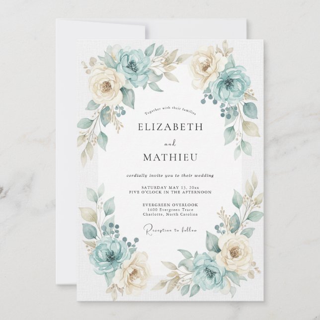 Invitación Boda de Ranunculus Eucalyptus Aqua Gold (Anverso)