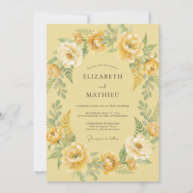 Invitación Boda de Ranunculus Gris Eucalipto Amarillo Mantequ (Anverso)