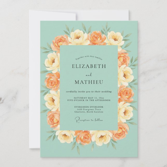 Invitación Boda de Ranunculus Gris Eucalipto Melocotón Espuma (Anverso)