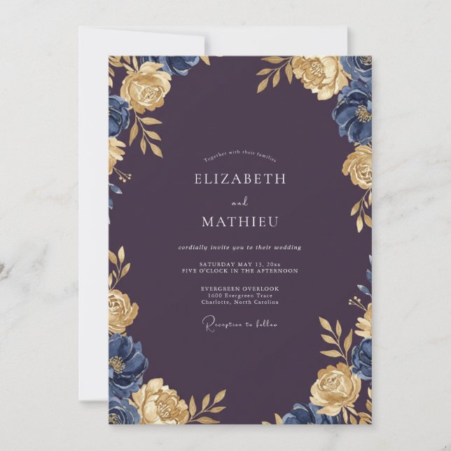 Invitación Boda de Ranunculus Gris Eucalipto Oro Ciruela (Anverso)