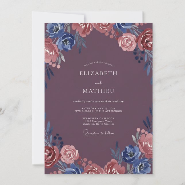 Invitación Boda de Ranunculus Índigo Mora (Anverso)