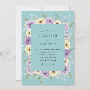 Invitación Boda de Ranunculus Lila Turquesa y Eucalipto