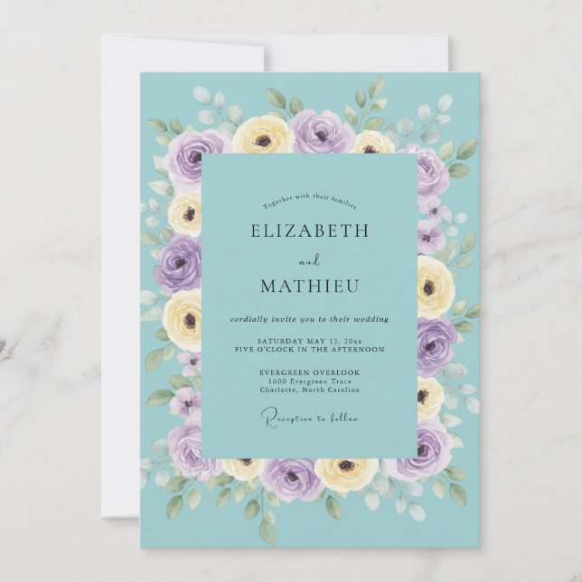Invitación Boda de Ranunculus Lila Turquesa y Eucalipto (Anverso)