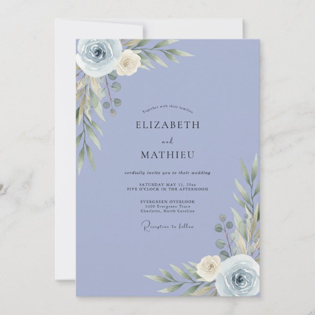 Invitación Boda de Ranunculus Periwinkle con suave Eucalipto (Anverso)